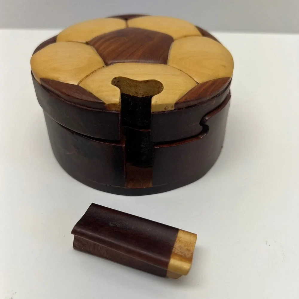 Wooden‎ Soccer Ball Flower Puzzle Box Trinket Storage Container Unique Gift